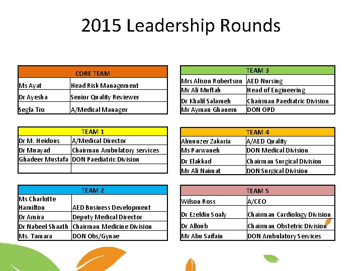 2015 Leadership Rounds CORE TEAM Ms Ayat Head Risk Management Dr Ayesha Senior Quality