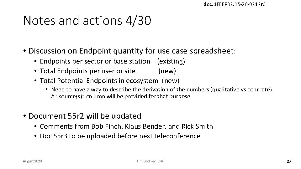 doc. : IEEE 802. 15 -20 -0212 r 0 Notes and actions 4/30 •