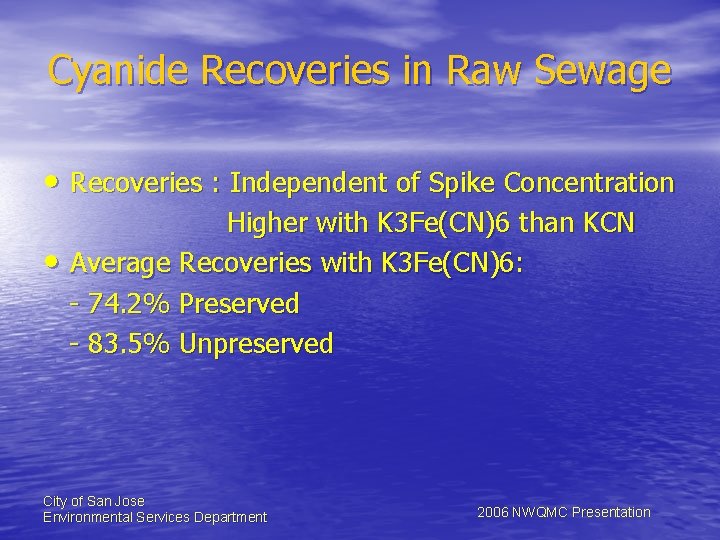 Cyanide Recoveries in Raw Sewage • Recoveries : Independent of Spike Concentration • Higher