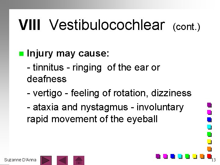 VIII Vestibulocochlear n (cont. ) Injury may cause: - tinnitus - ringing of the