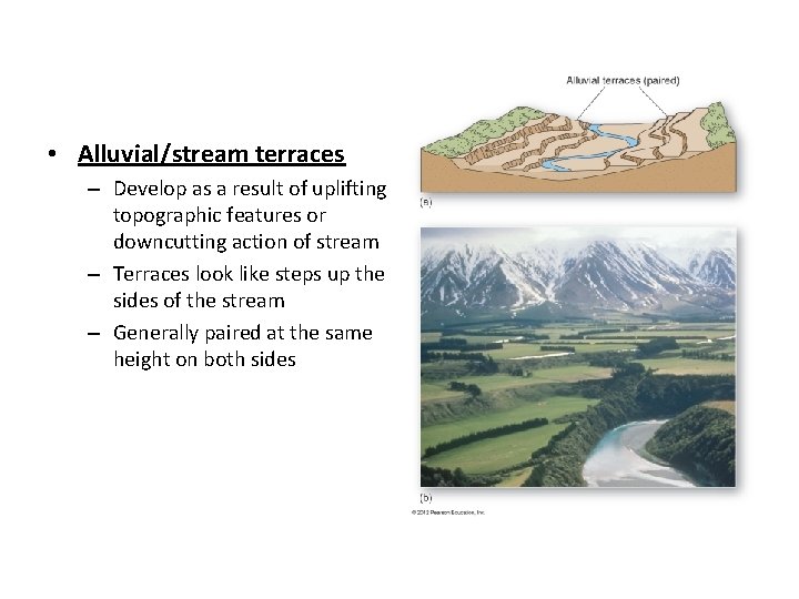  • Alluvial/stream terraces – Develop as a result of uplifting topographic features or