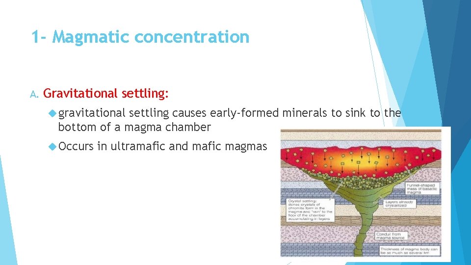 1 - Magmatic concentration A. Gravitational settling: gravitational settling causes early-formed minerals to sink