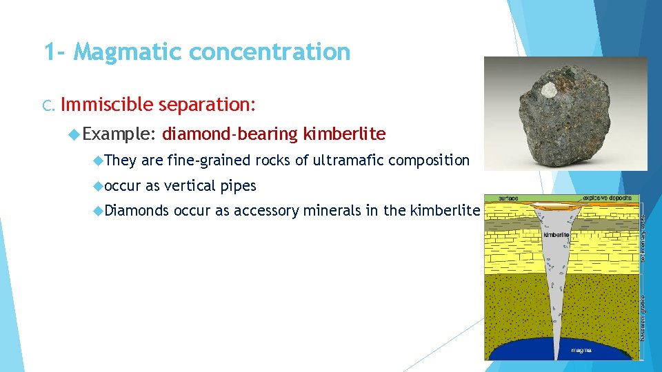 1 - Magmatic concentration C. Immiscible Example: They occur separation: diamond-bearing kimberlite are fine-grained