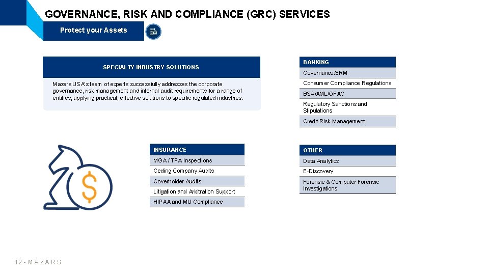 GOVERNANCE, RISK AND COMPLIANCE (GRC) SERVICES Protect your Assets SPECIALTY INDUSTRY SOLUTIONS Mazars USA’s