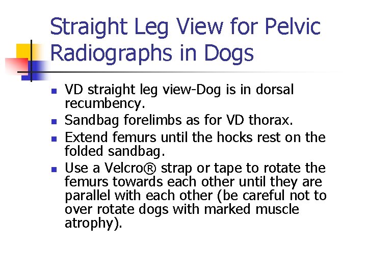 Straight Leg View for Pelvic Radiographs in Dogs n n VD straight leg view-Dog