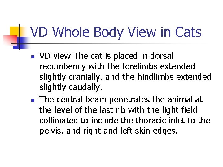 VD Whole Body View in Cats n n VD view-The cat is placed in