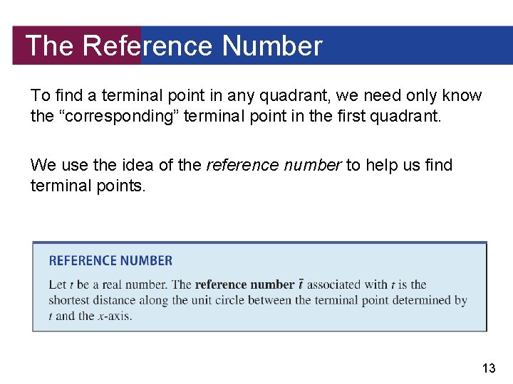 The Reference Number To find a terminal point in any quadrant, we need only