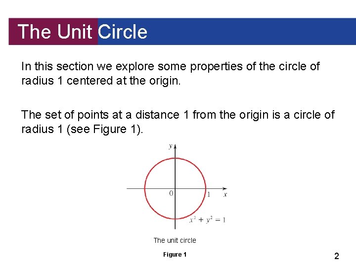 The Unit Circle In this section we explore some properties of the circle of