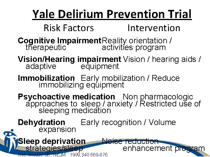 Yale Delirium Prevention Trial Risk Factors Intervention Cognitive Impairment. Reality orientation / therapeutic activities