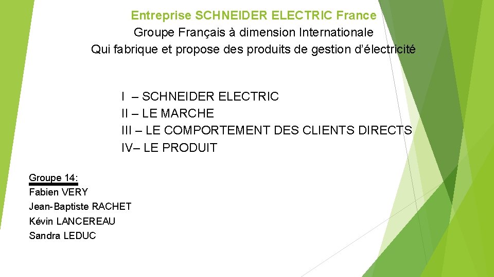 Entreprise SCHNEIDER ELECTRIC France Groupe Français à dimension Internationale Qui fabrique et propose des