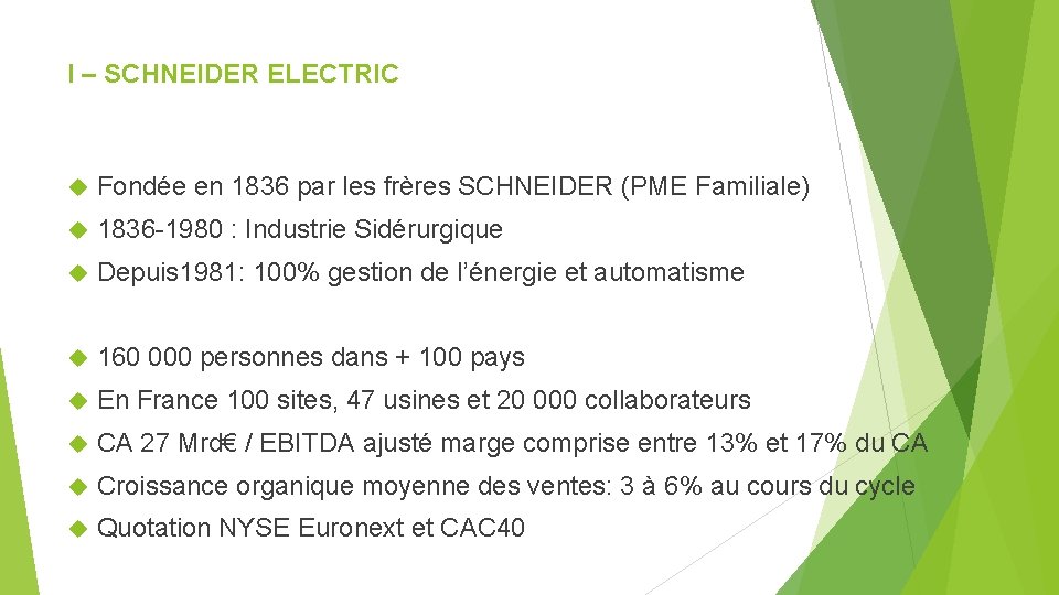 I – SCHNEIDER ELECTRIC Fondée en 1836 par les frères SCHNEIDER (PME Familiale) 1836