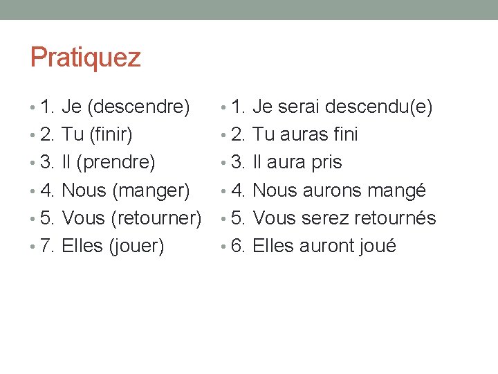 Pratiquez • 1. Je (descendre) • 1. Je serai descendu(e) • 2. Tu (finir)