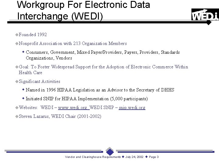 Workgroup For Electronic Data Interchange (WEDI) Founded 1992 Nonprofit Association with 213 Organization Members