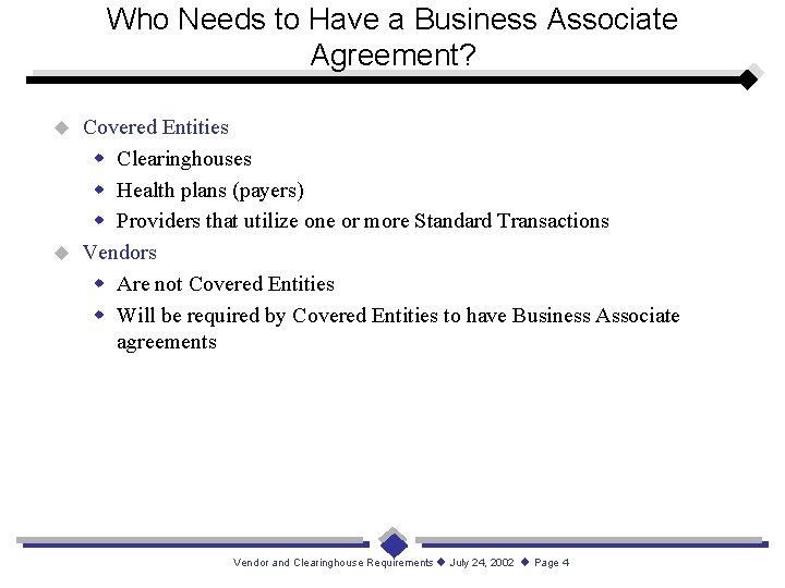 Who Needs to Have a Business Associate Agreement? Covered Entities w Clearinghouses w Health