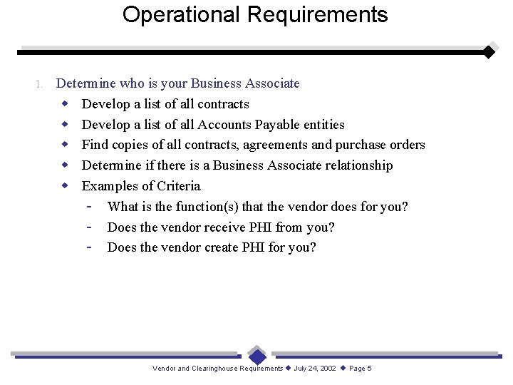 Operational Requirements 1. Determine who is your Business Associate w Develop a list of