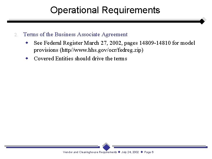 Operational Requirements 2. Terms of the Business Associate Agreement w See Federal Register March