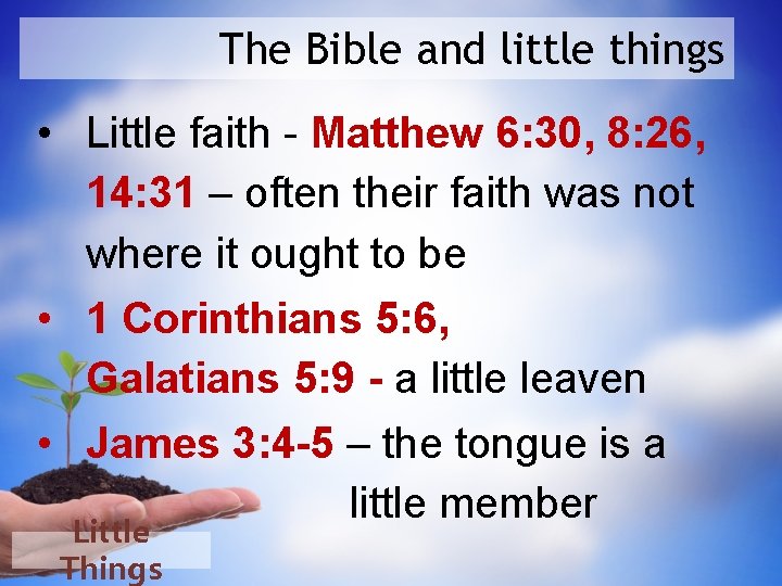 The Bible and little things • Little faith - Matthew 6: 30, 8: 26,