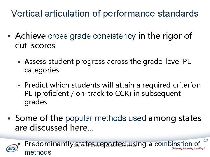 Vertical articulation of performance standards § § Achieve cross grade consistency in the rigor