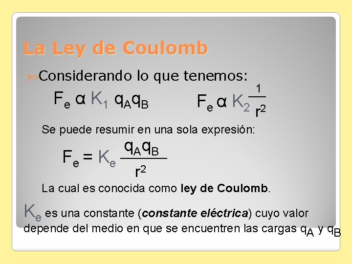 La Ley de Coulomb Considerando lo que tenemos: F e α K 1 q.