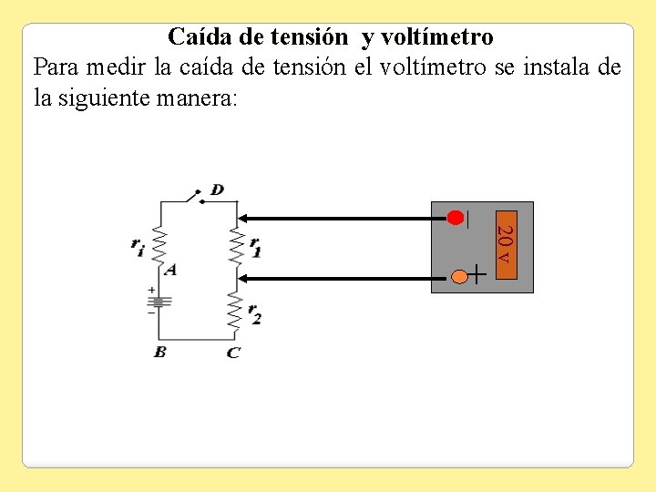 Caída de tensión y voltímetro Para medir la caída de tensión el voltímetro se