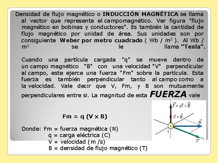 Densidad de flujo magnético o INDUCCIÓN MAGNÉTICA se llama al vector que representa el