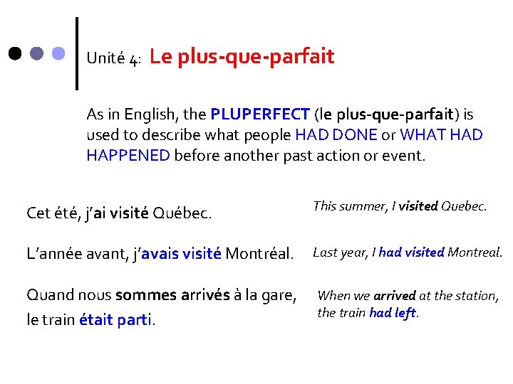 Unité 4: Le plus-que-parfait As in English, the PLUPERFECT (le plus-que-parfait) is used to
