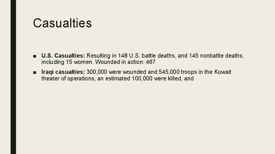 Casualties ■ U. S. Casualties: Resulting in 148 U. S. battle deaths, and 145