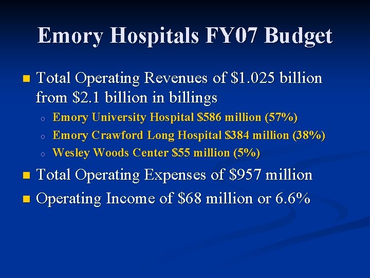 Emory Hospitals FY 07 Budget n Total Operating Revenues of $1. 025 billion from