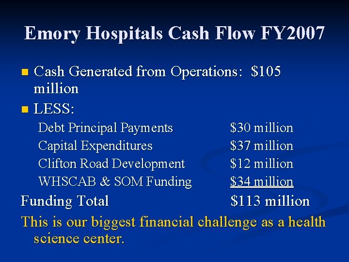 Emory Hospitals Cash Flow FY 2007 Cash Generated from Operations: $105 million n LESS: