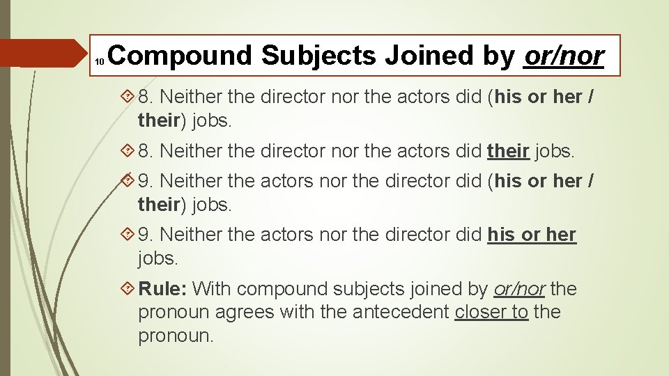 10 Compound Subjects Joined by or/nor 8. Neither the director nor the actors did