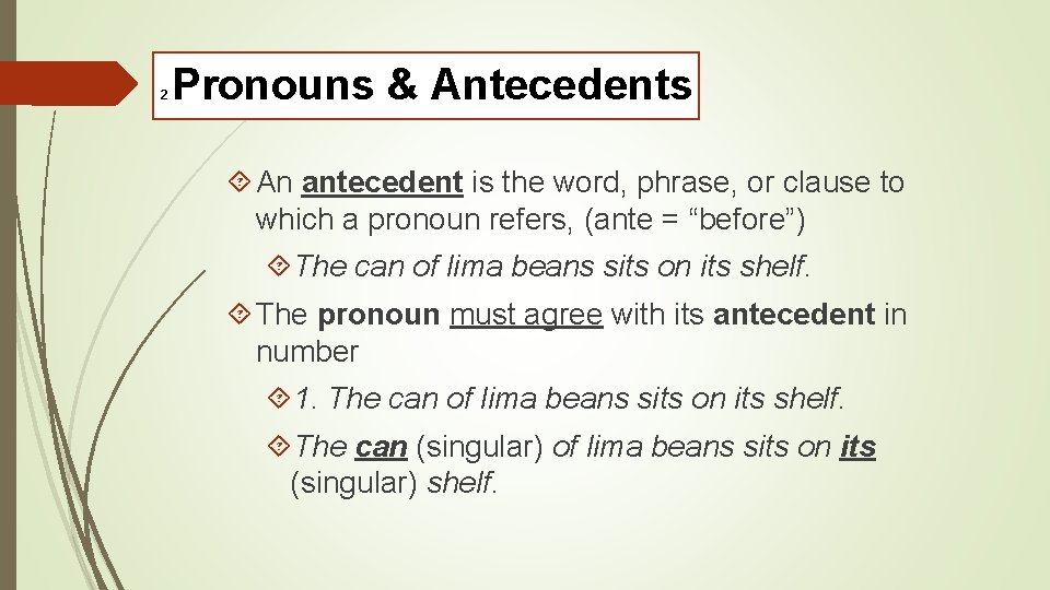 2 Pronouns & Antecedents An antecedent is the word, phrase, or clause to which