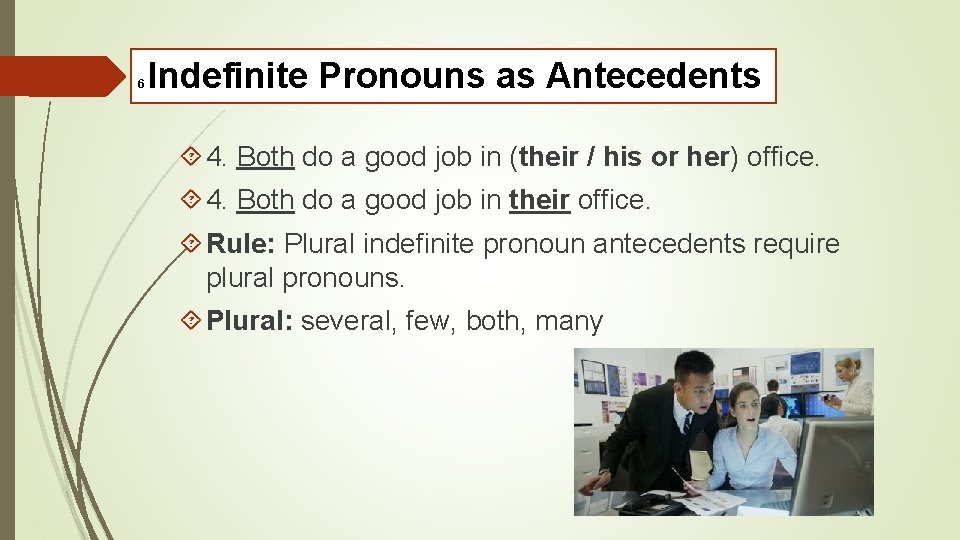 6 Indefinite Pronouns as Antecedents 4. Both do a good job in (their /