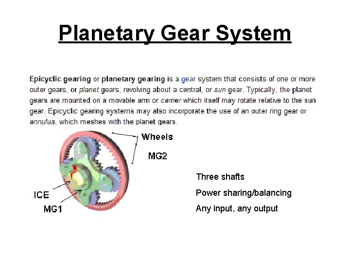 Planetary Gear System Three shafts Power sharing/balancing Any input, any output 