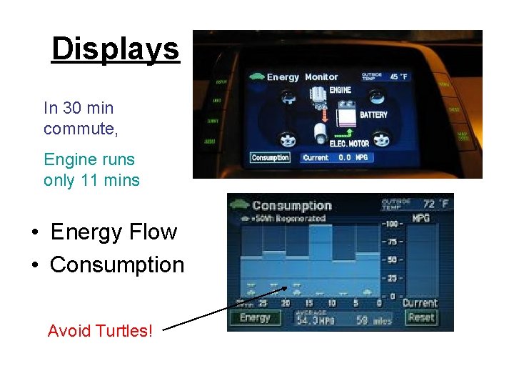 Displays In 30 min commute, Engine runs only 11 mins • Energy Flow •