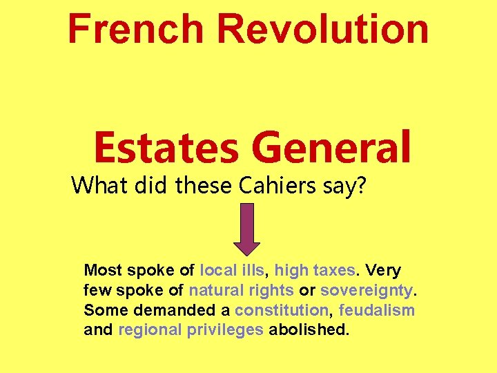 French Revolution Estates General What did these Cahiers say? Most spoke of local ills,