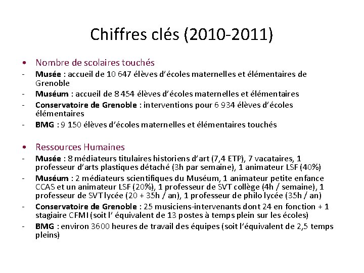 Chiffres clés (2010 -2011) • Nombre de scolaires touchés - Musée : accueil de