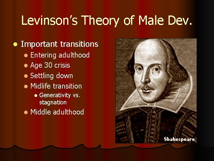 Levinson’s Theory of Male Dev. l Important transitions Entering adulthood l Age 30 crisis