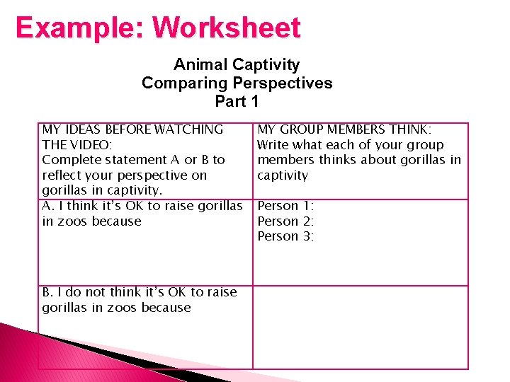 Example: Worksheet Animal Captivity Comparing Perspectives Part 1 MY IDEAS BEFORE WATCHING THE VIDEO: