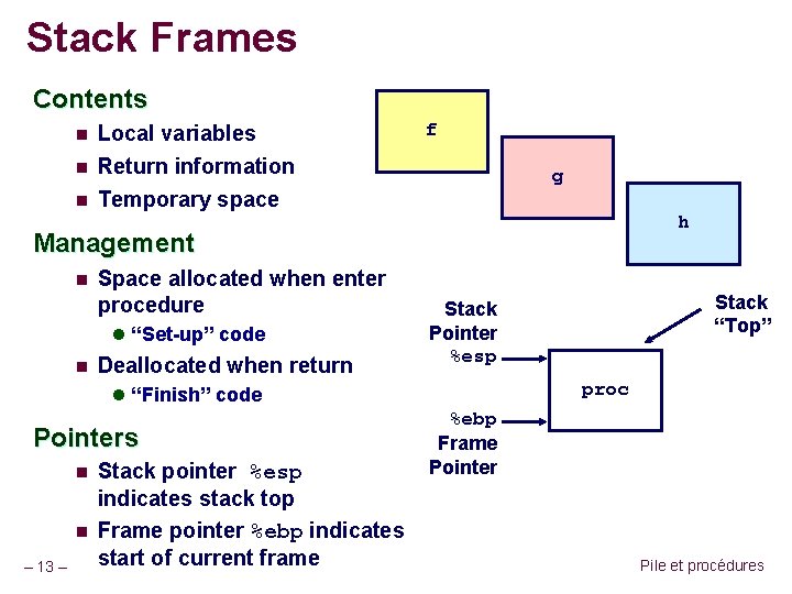 Stack Frames Contents n Local variables n Return information Temporary space n f g