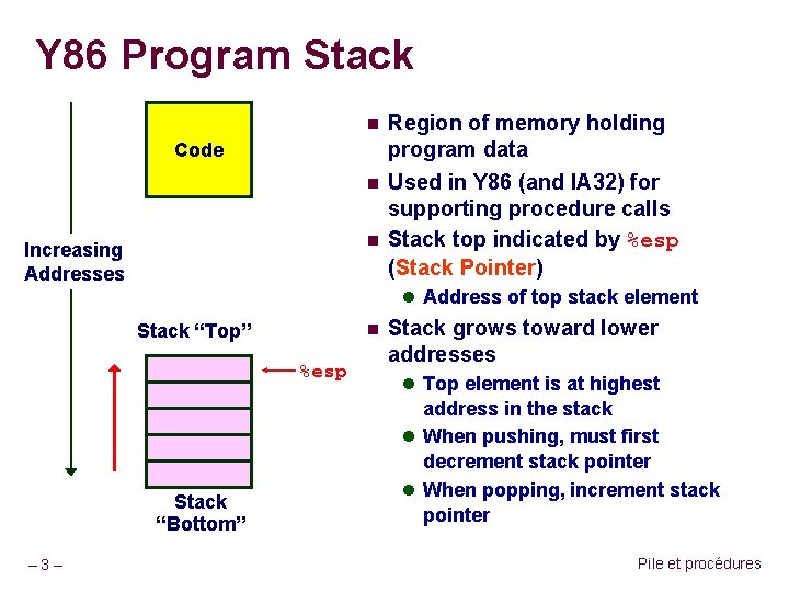 Y 86 Program Stack n Region of memory holding program data n Used in