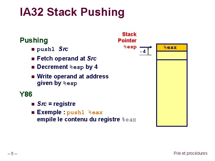 IA 32 Stack Pushing n pushl Src n Fetch operand at Src Decrement %esp