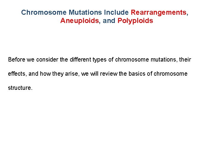 Chromosome Mutations Include Rearrangements, Aneuploids, and Polyploids Before we consider the different types of