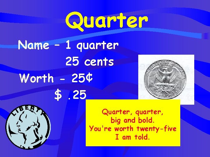 Quarter Name – 1 quarter 25 cents Worth - 25¢ $. 25 Quarter, quarter,