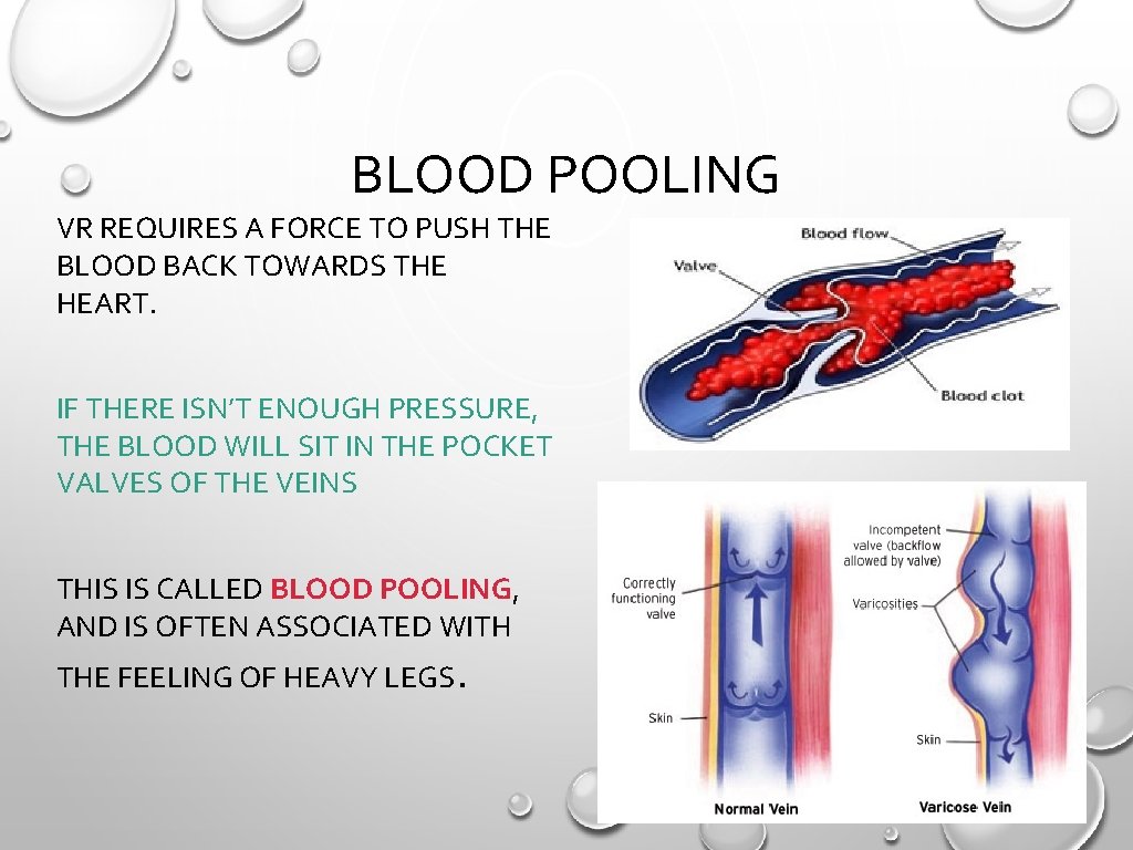BLOOD POOLING VR REQUIRES A FORCE TO PUSH THE BLOOD BACK TOWARDS THE HEART.