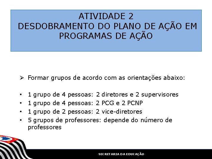 ATIVIDADE 2 DESDOBRAMENTO DO PLANO DE AÇÃO EM PROGRAMAS DE AÇÃO Ø Formar grupos