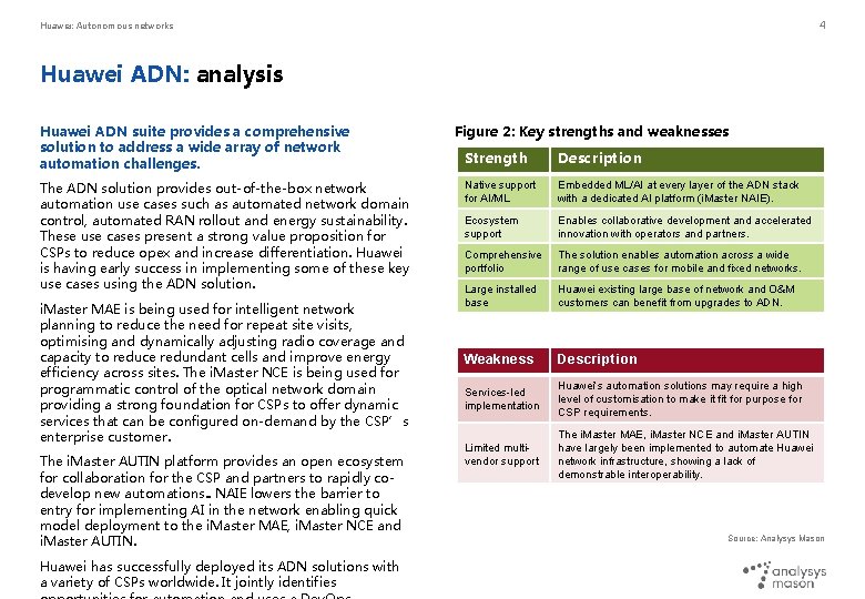 4 Huawei: Autonomous networks Huawei ADN: analysis Huawei ADN suite provides a comprehensive solution 4 Huawei: Autonomous networks Huawei ADN: analysis Huawei ADN suite provides a comprehensive solution