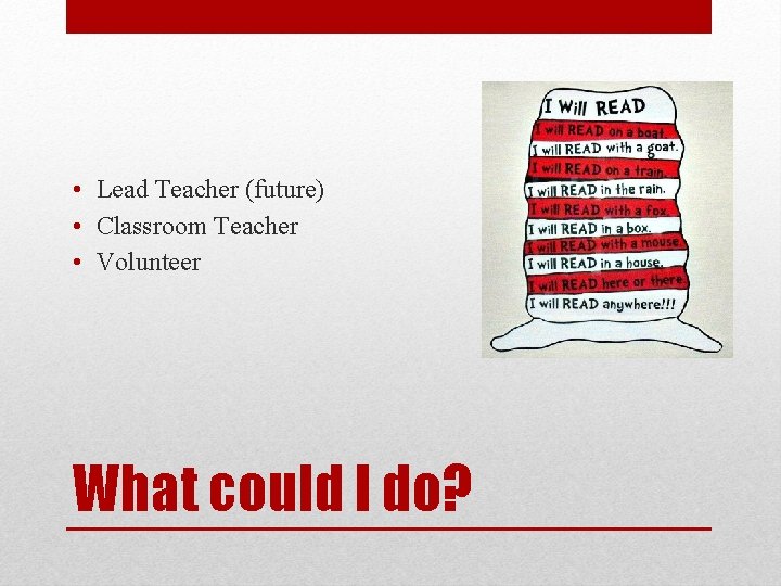  • Lead Teacher (future) • Classroom Teacher • Volunteer What could I do?
