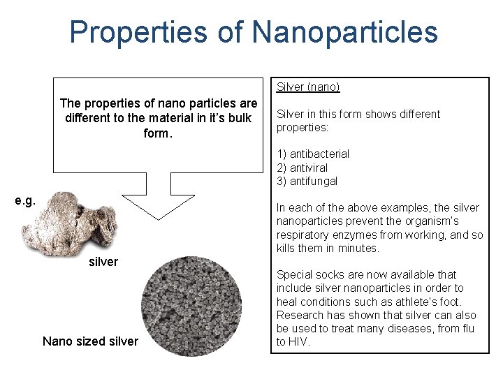 Properties of Nanoparticles Silver (nano) The properties of nano particles are different to the