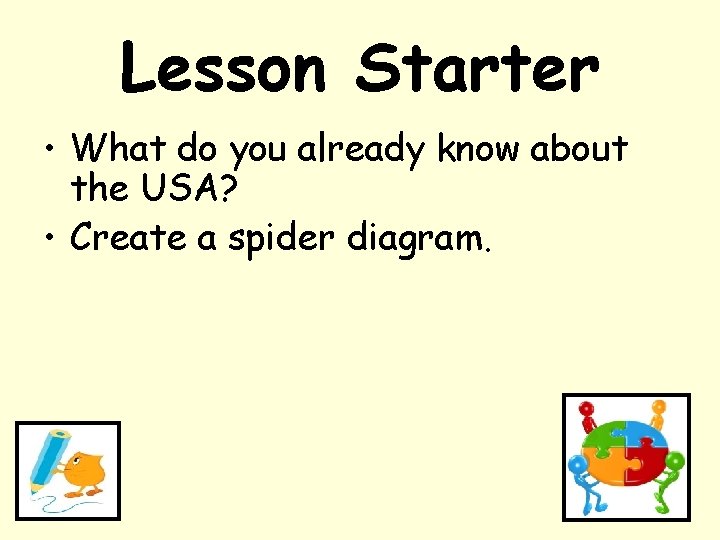 Lesson Starter • What do you already know about the USA? • Create a