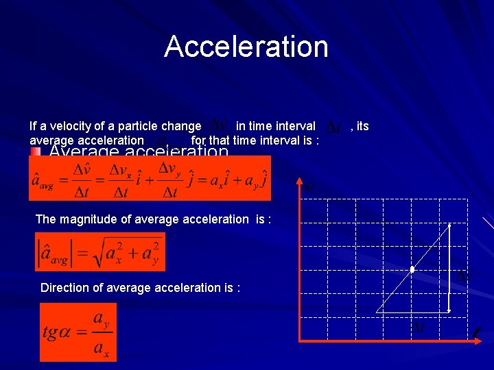 Acceleration If a velocity of a particle change in time interval average acceleration for